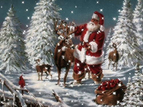Санта Клаус кормит оленей яблоками