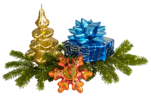 Веточка ели, свеча, подарок и часы в виде снежинки