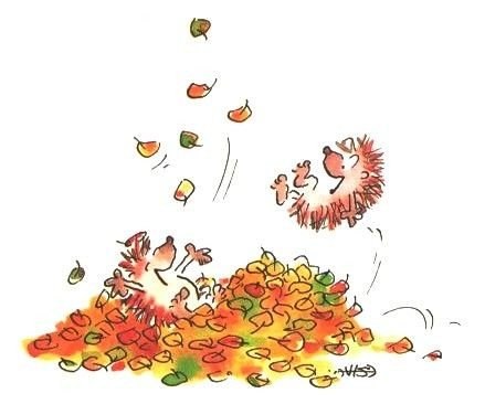 Открытки. Осень!  Ежики веселятся в листве