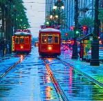  Трамваи в городе <b>дождливым</b> утром  гифка анимация