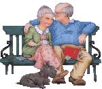  Двое пожилых <b>людей</b> на скамеечке, рядом лежит пес  гифка анимация